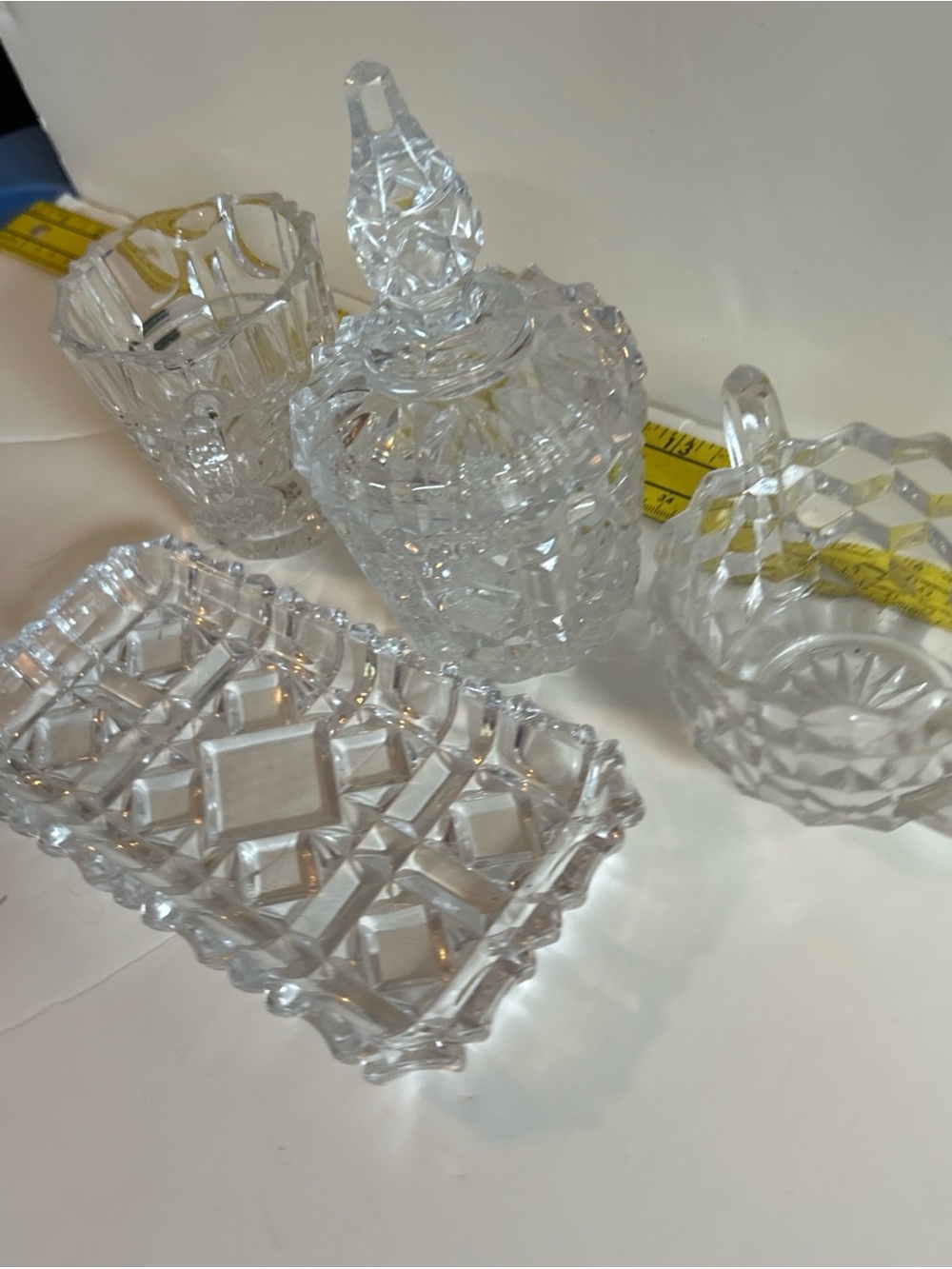 American Brilliant Elegant Cut Glass Creamer, Sugar bowl with Lid, and Tray